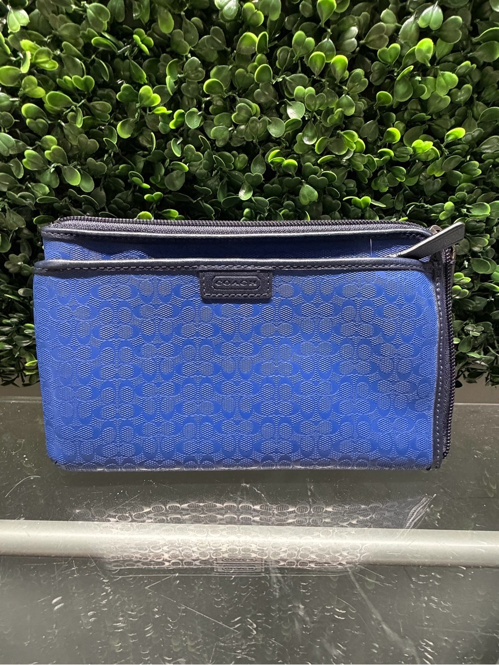 Coach Blue Signature Zip Wallet with Navy Trim